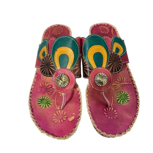 Elite Corkys Colorful Wedge Sandals Women’s 9 Leather Painted Navajo Pink Green - Picture 1 of 14